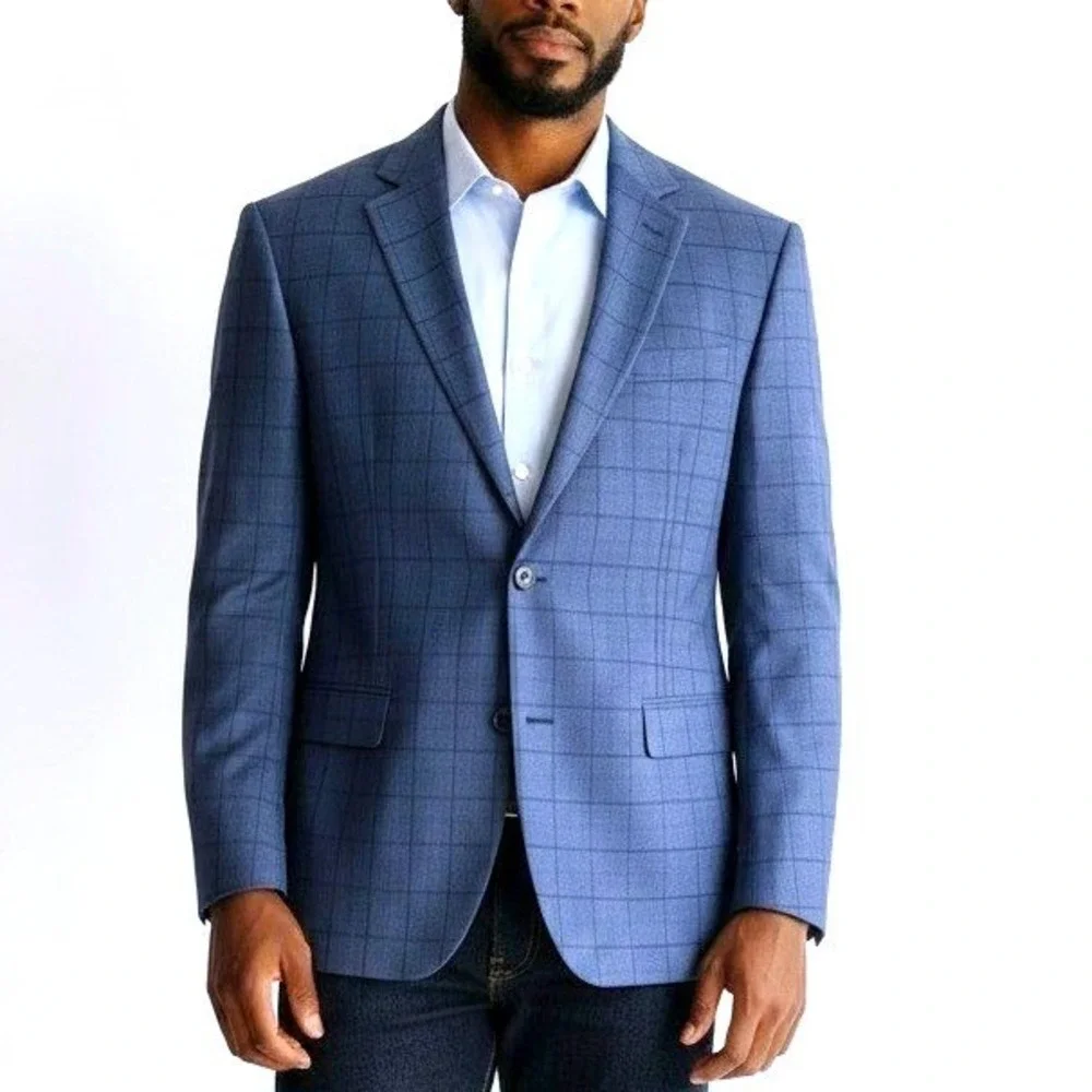 Austin Reed London Mens Blue Windowpane Check Two Button Blazer Sport Coat 42R